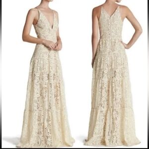 Dress the Population Melina Lace Fit & Flare Tiered Maxi Dress Size L
